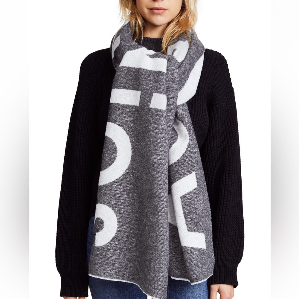 Acne Oversized Gray and White Logo Wool Scarf